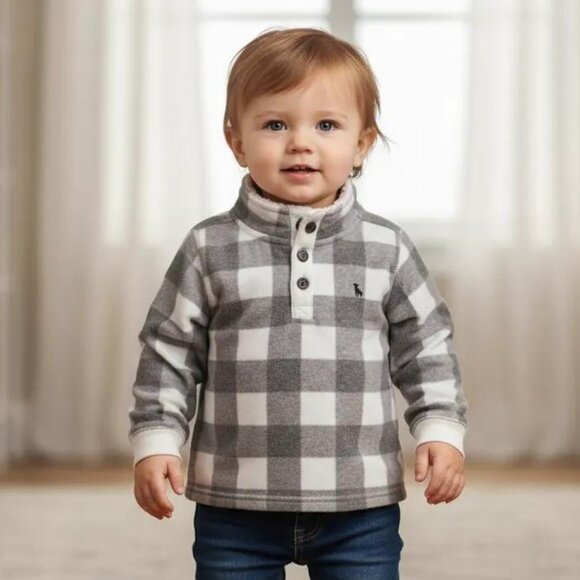 Carter's Gray White Soft Buffalo Check Fleece Sherpa Pullover Top Size 24 Months - Picture 1 of 6